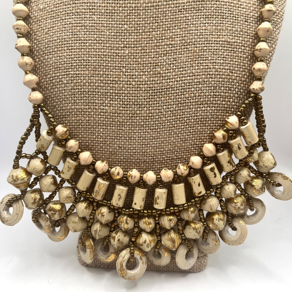 Teng Yue White & Gold Paper Bead Bib Necklace Multi-Strand Boho Tribal 18"